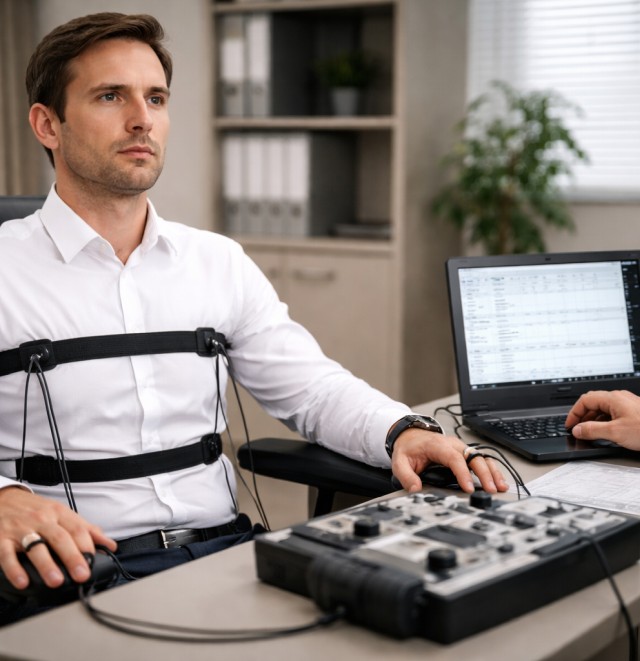 Man in dress shirt being polygraphed