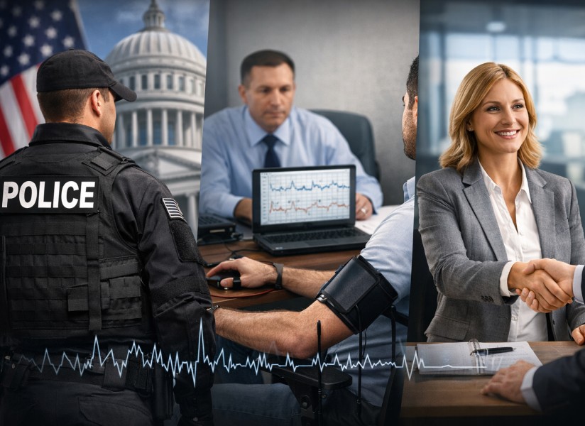 Police officer in front of the US Capitol building. Polygraph examination in progress in the middle. Woman shaking recruiters hand on the right.